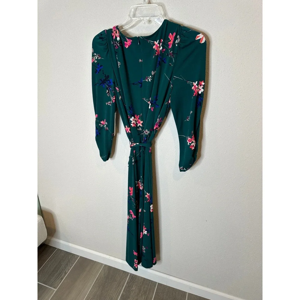 Eliza J Hunter Green Floral Long Sleeve Tie Waist Midi Dress EJ0M3214 Size 8 NWT